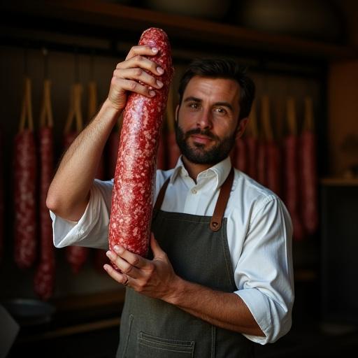 Roberto, il norcino, mostra una finocchiona.